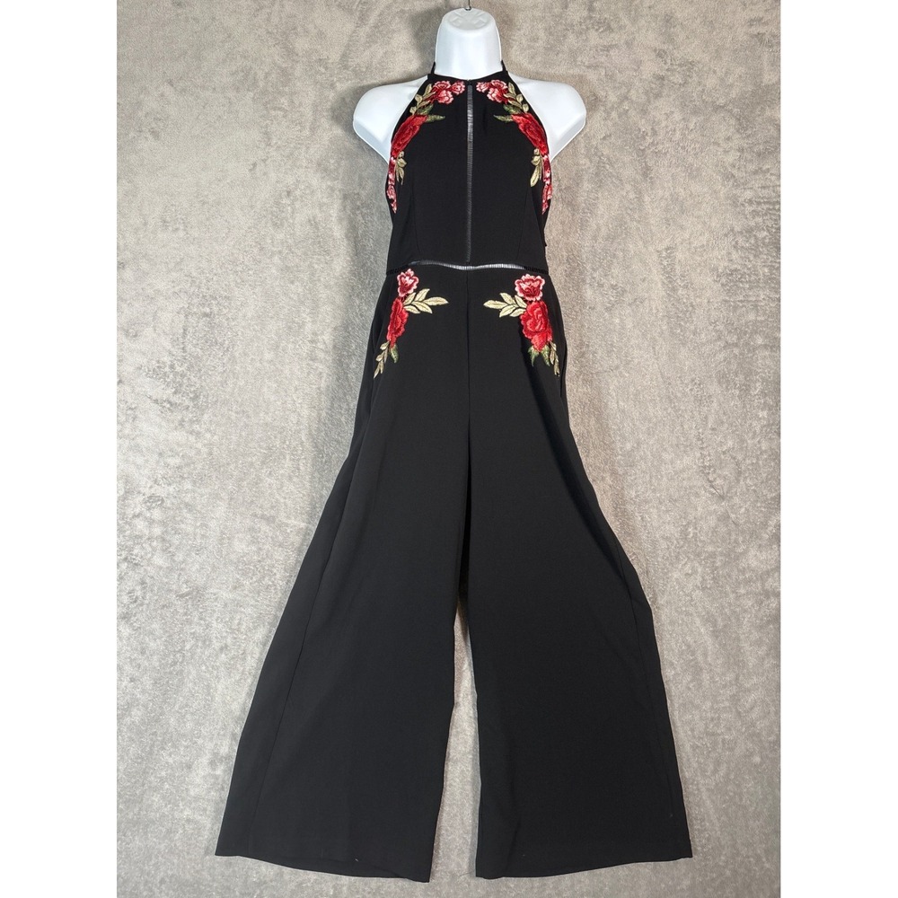 Gianni Bini Black Floral Embroidered Halter Wide‎ Leg Jumpsuit Small Bohemian